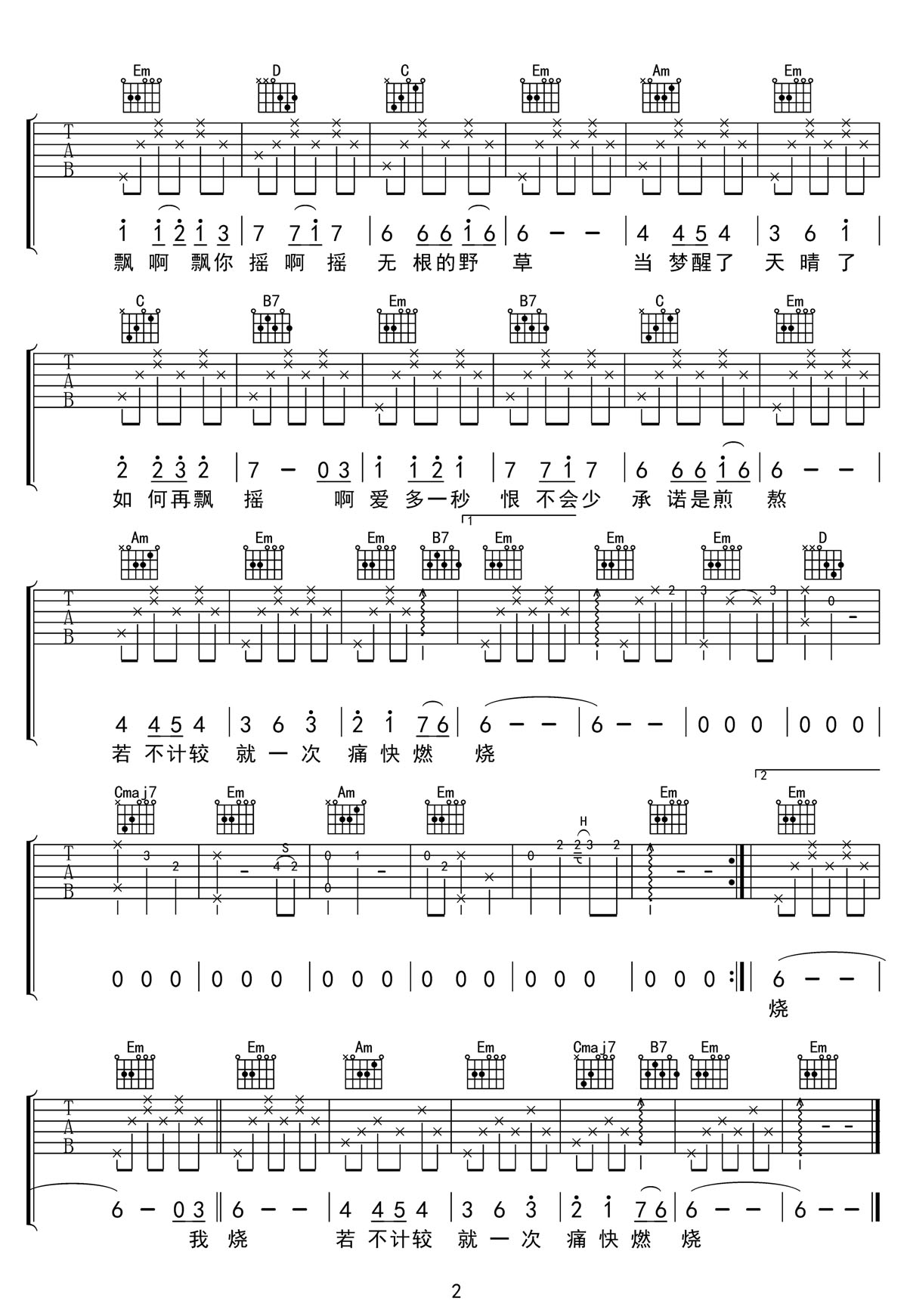 飄搖吉他譜_大頭針_C調(diào)和弦彈唱譜_高清新編_圖譜2
