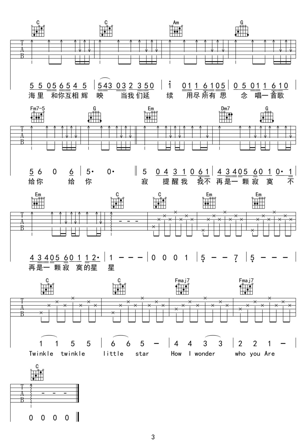 克卜勒Kepler吉他譜_孫燕姿_C調(diào)和弦彈唱譜_高清重制版_圖譜3