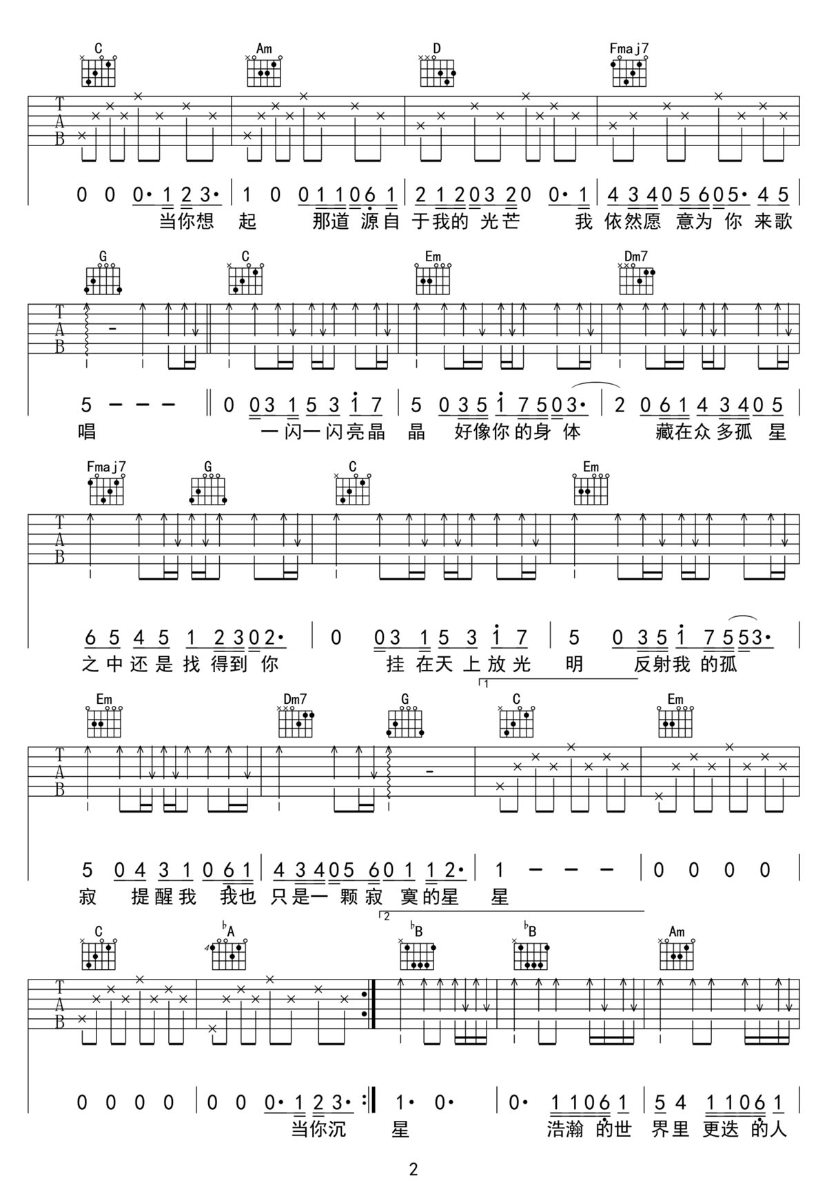 克卜勒Kepler吉他譜_孫燕姿_C調(diào)和弦彈唱譜_高清重制版_圖譜2