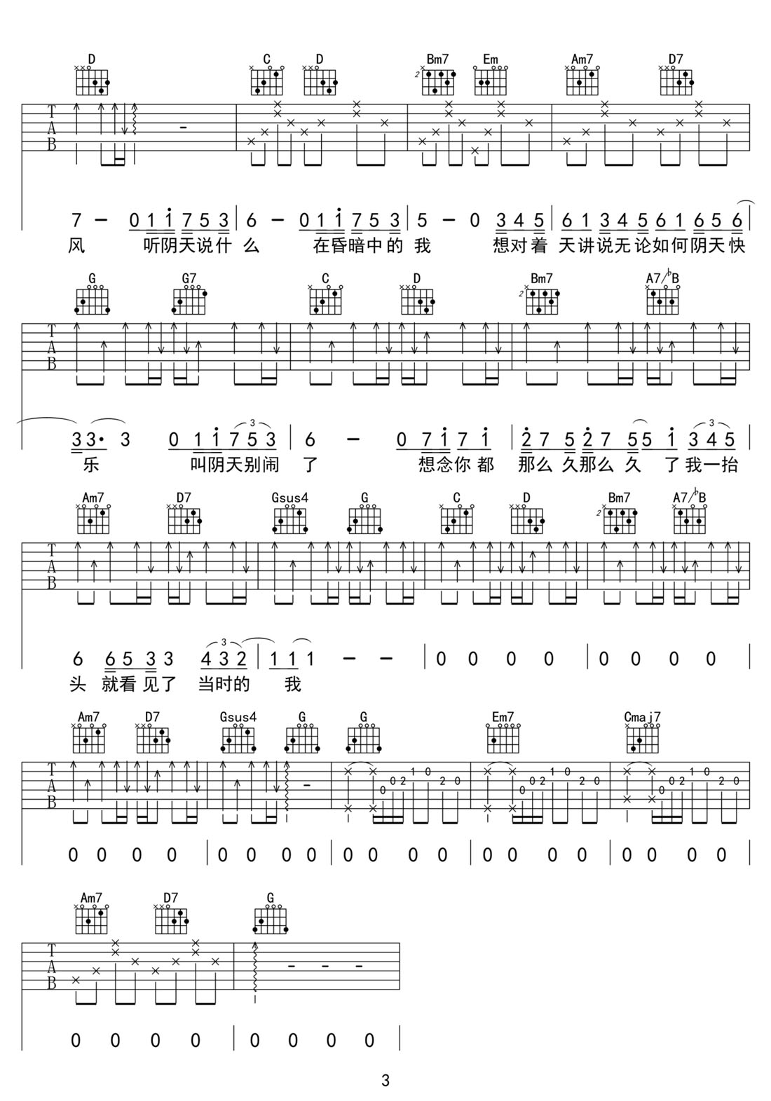 陰天快樂吉他譜_陳奕迅_G調和弦彈唱譜_高清帶前奏_圖譜3