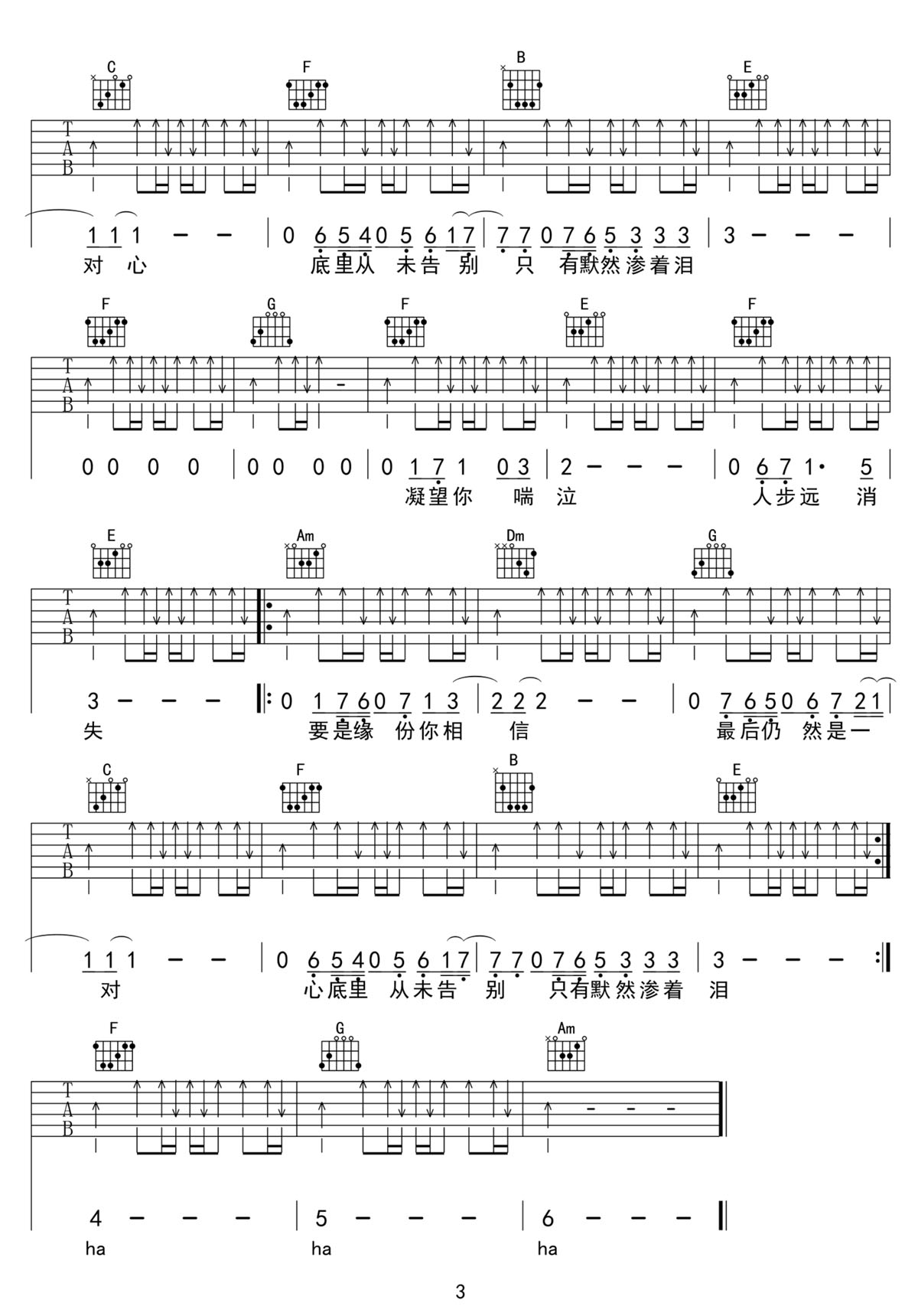 原諒我今天吉他譜_Beyond_C調和弦彈唱譜_高清帶前奏_圖譜3