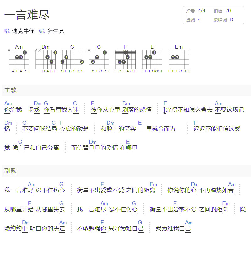 一言難盡吉他譜_迪克牛仔_C調(diào)和弦彈唱譜_簡單和弦_圖譜1