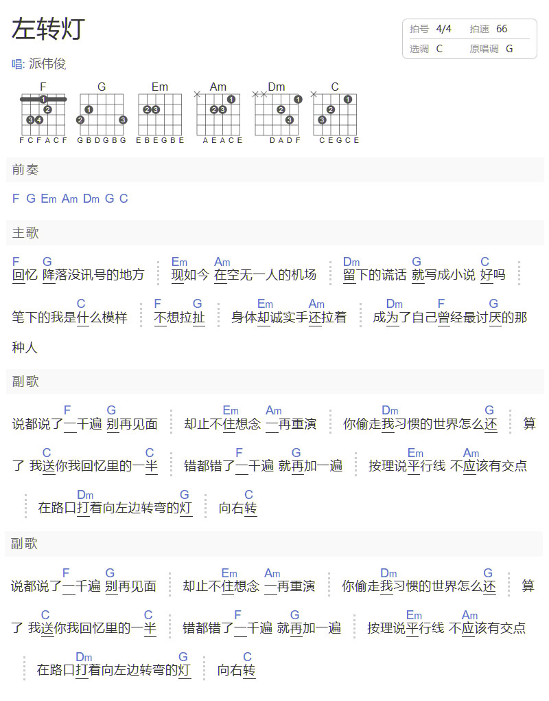 左轉燈吉他譜_派偉俊_C調和弦彈唱譜_簡單版_圖譜1