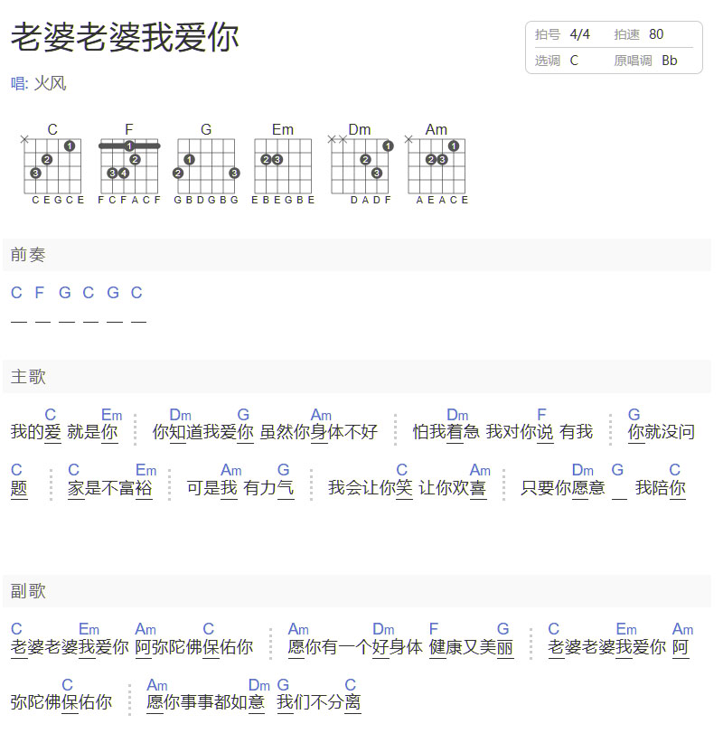 老婆老婆我愛你吉他譜_火鳳_C調和弦彈唱譜_簡單版_圖譜1