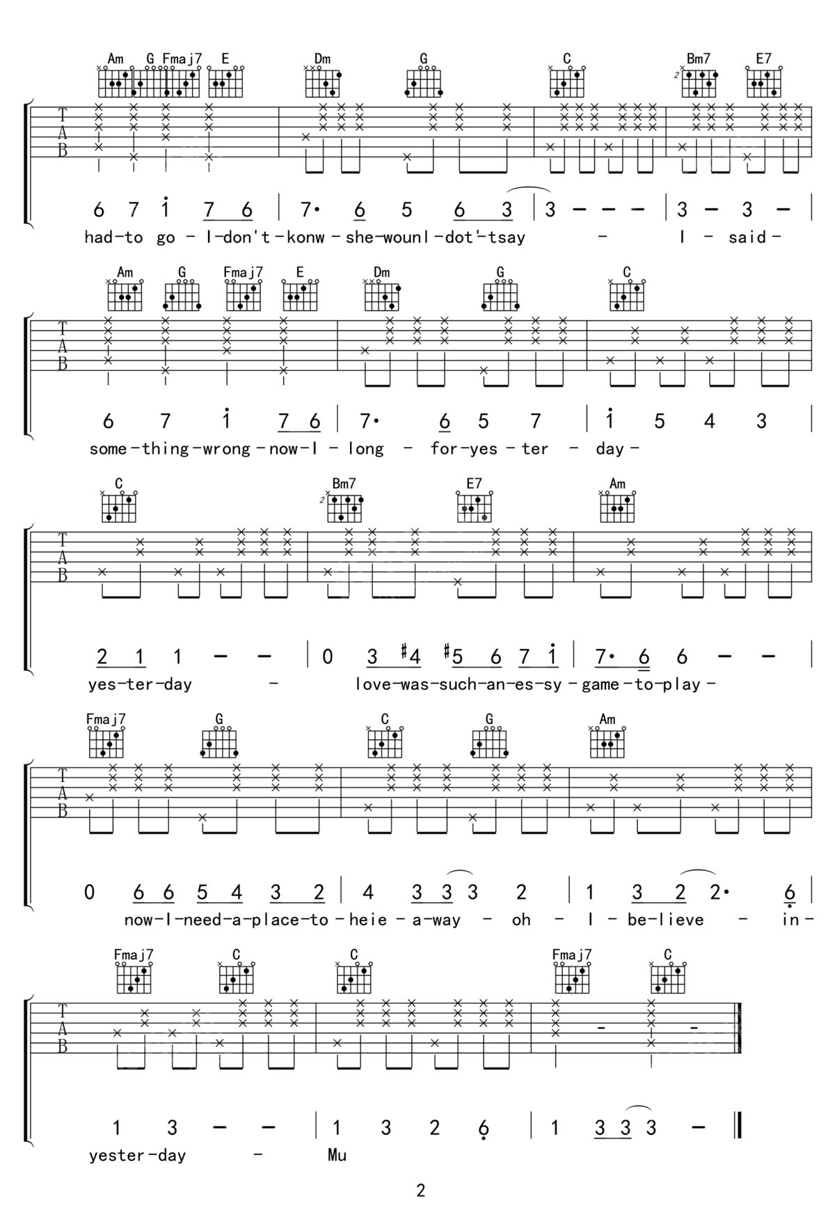 Yesterday(昨日)吉他譜_The Beatles_C調(diào)和弦彈唱譜_簡易版_圖譜2