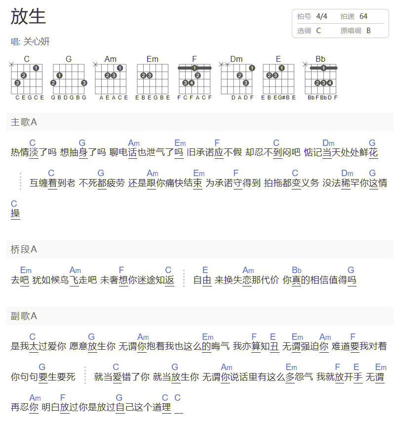 放生吉他譜_關(guān)心妍_C調(diào)和弦彈唱譜_簡(jiǎn)單版_圖譜1