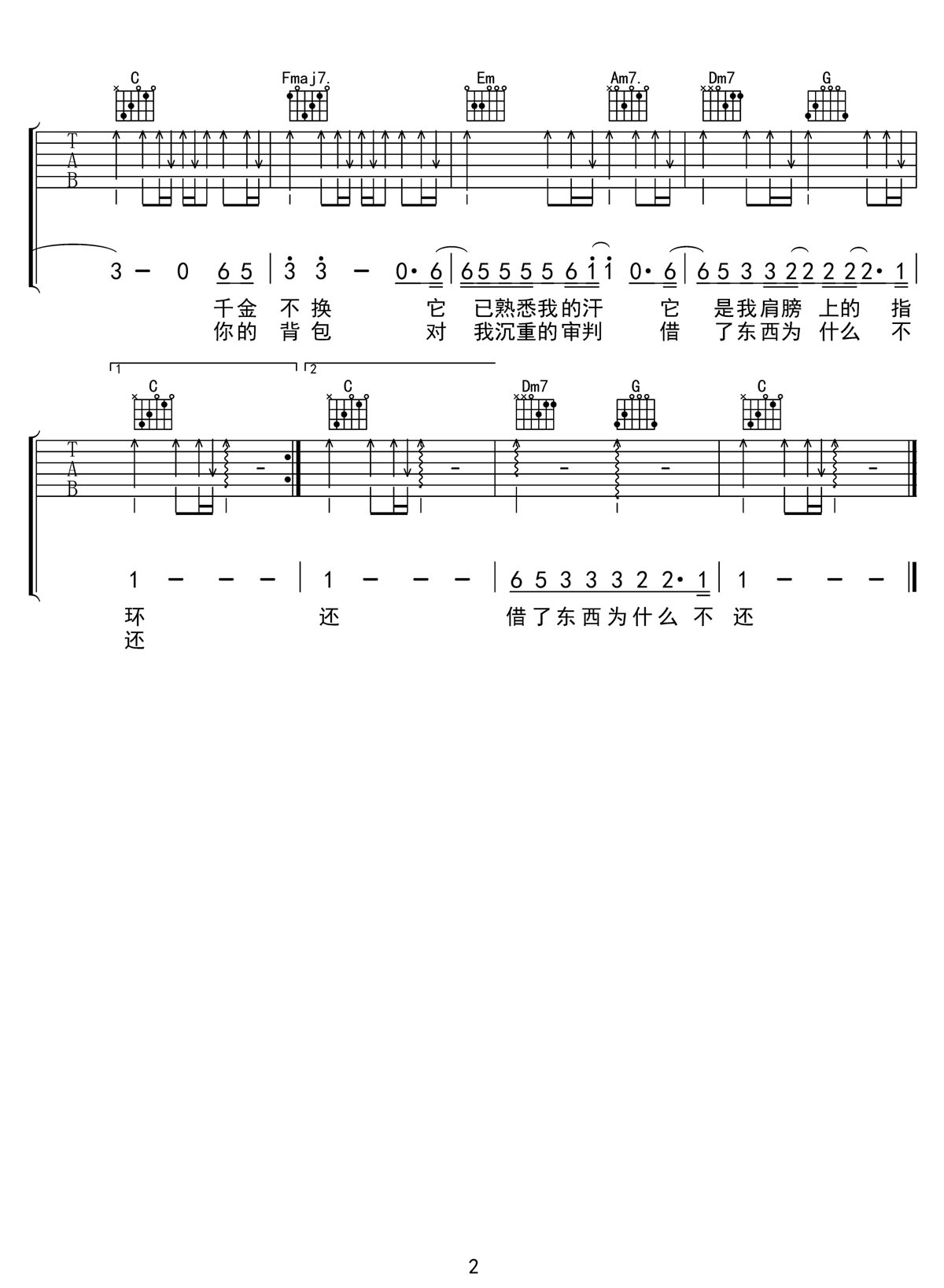 你的背包吉他譜_陳奕迅_C調和弦彈唱譜_高清完美版_圖譜2