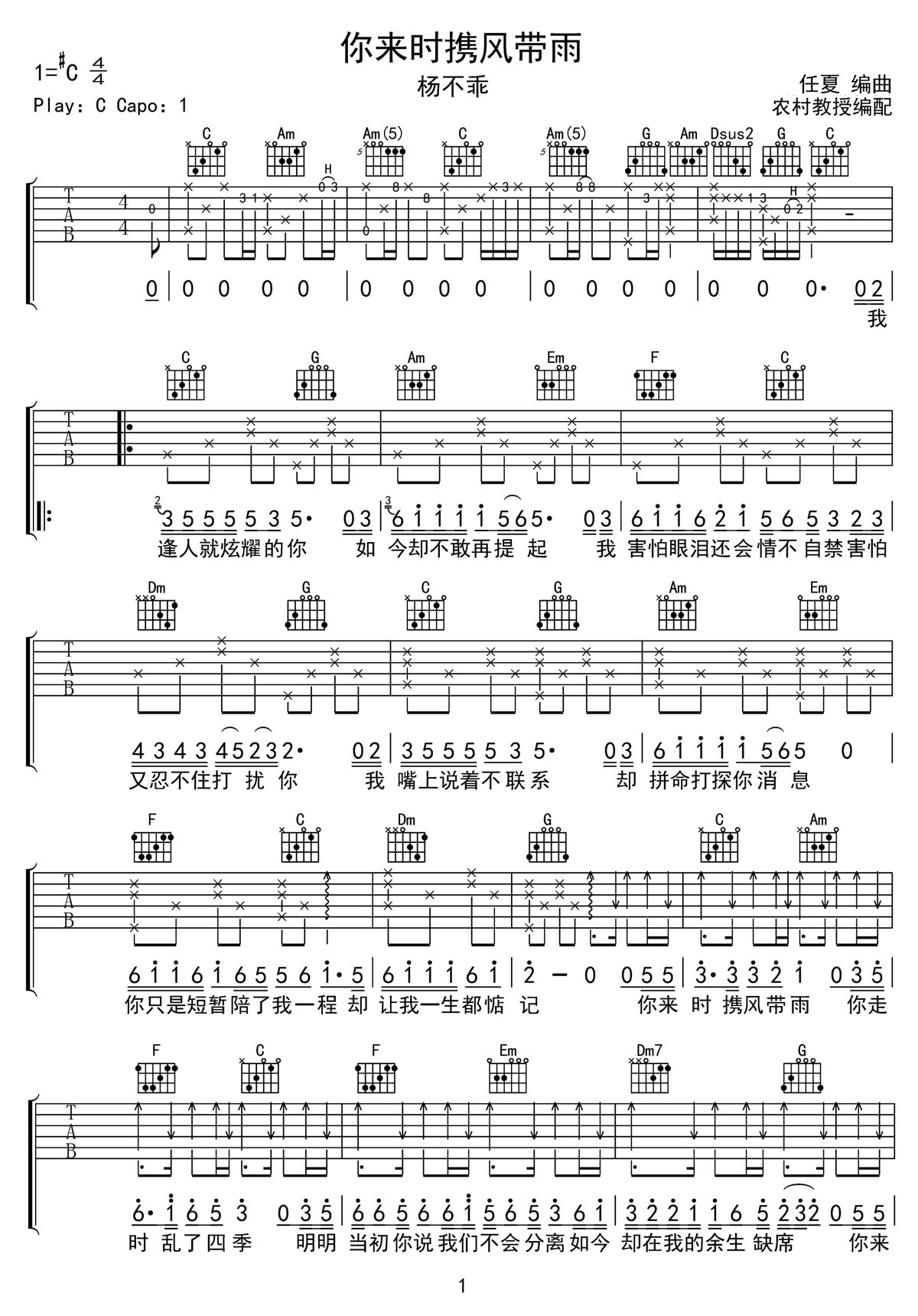 你來時攜風(fēng)帶雨吉他譜_楊不乖_C調(diào)和弦彈唱譜_完美帶前奏_圖譜1