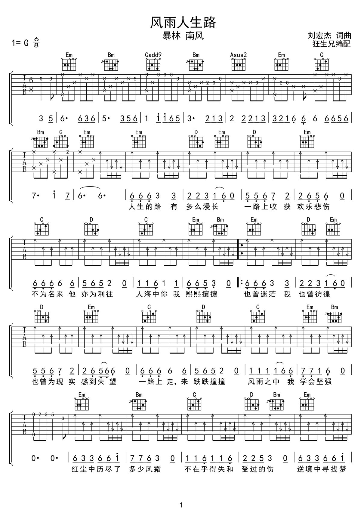 風(fēng)雨人生路吉他譜_暴林_G調(diào)和弦彈唱譜_完整帶前奏_圖譜1