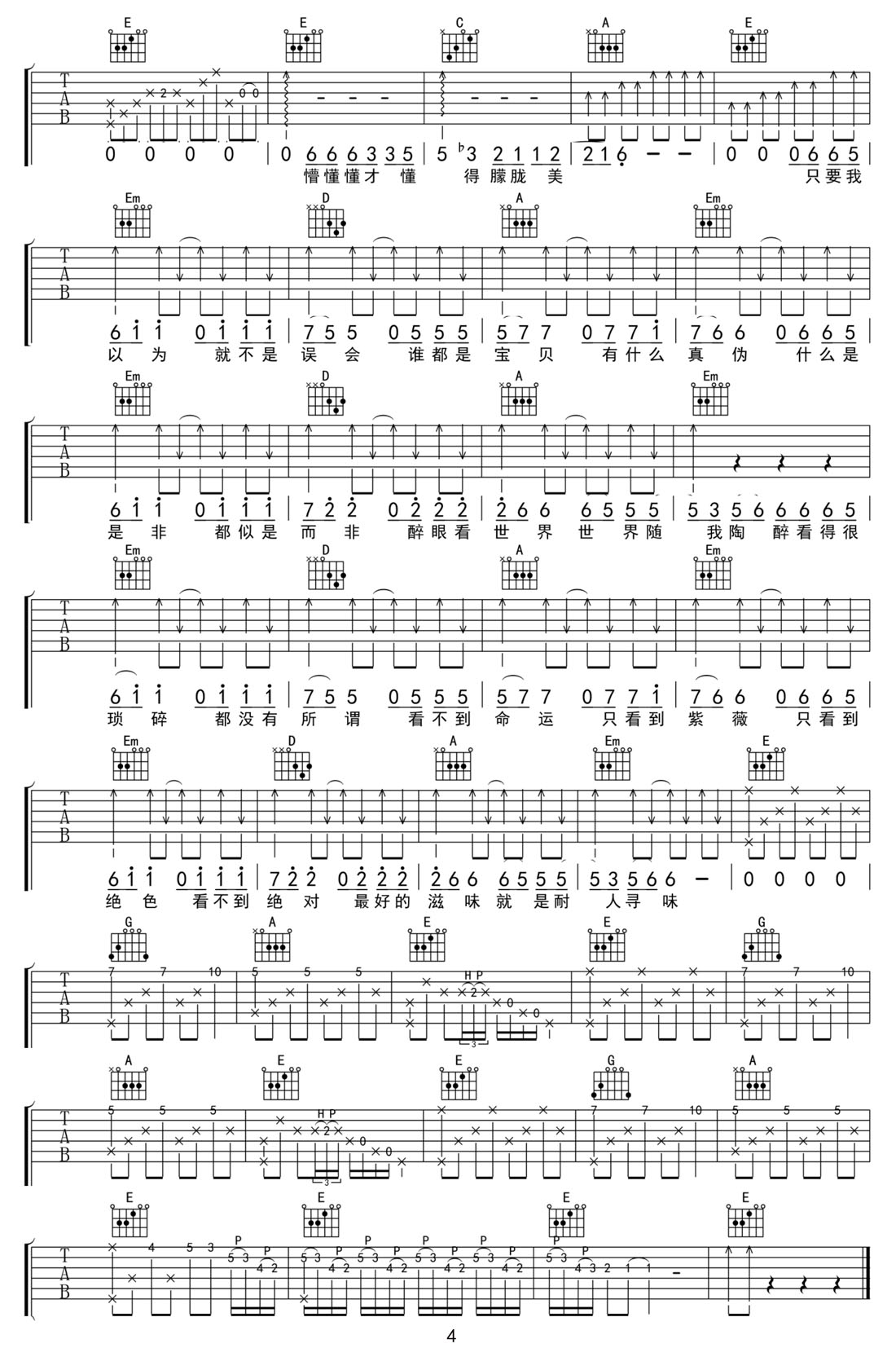 不醉不會吉他譜_田馥甄_G調(diào)和弦彈唱譜_原版改編_圖譜4