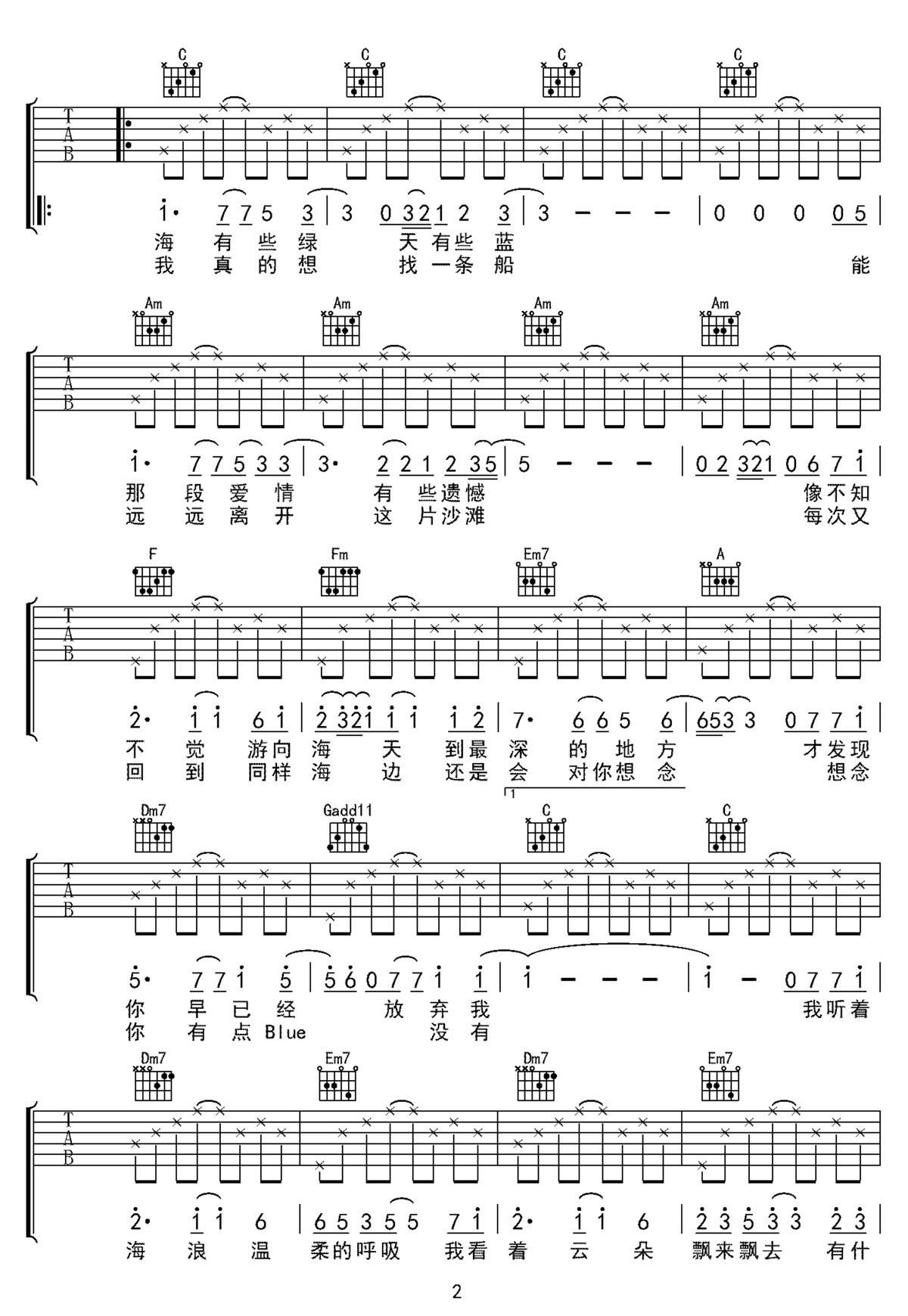 沙灘吉他譜_陶喆_C調和弦彈唱譜_高清重制版_圖譜2