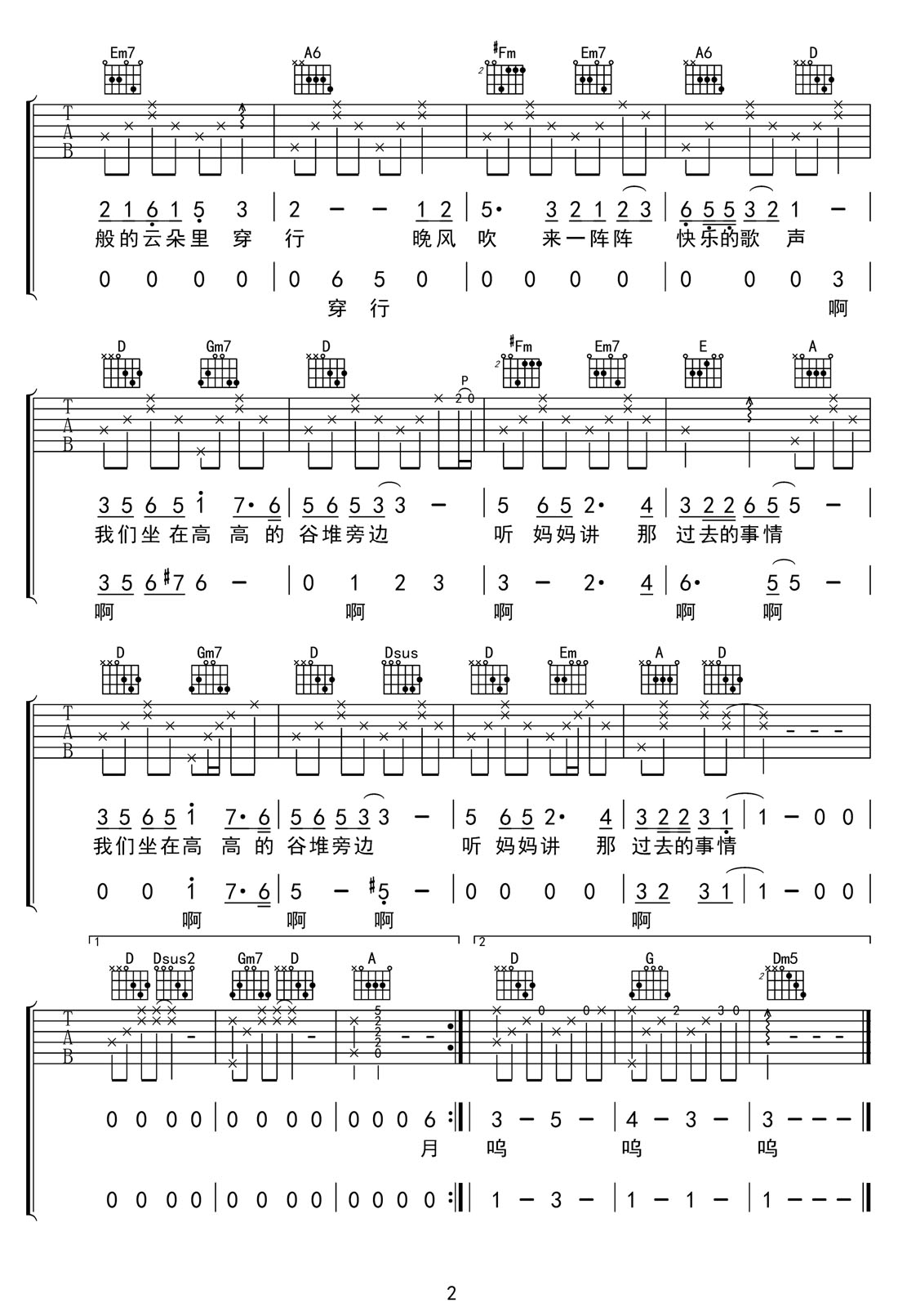 聽媽媽講那過去的事情吉他譜_黑鴨子組合_D調(diào)和弦彈唱譜_高清重制版_圖譜2