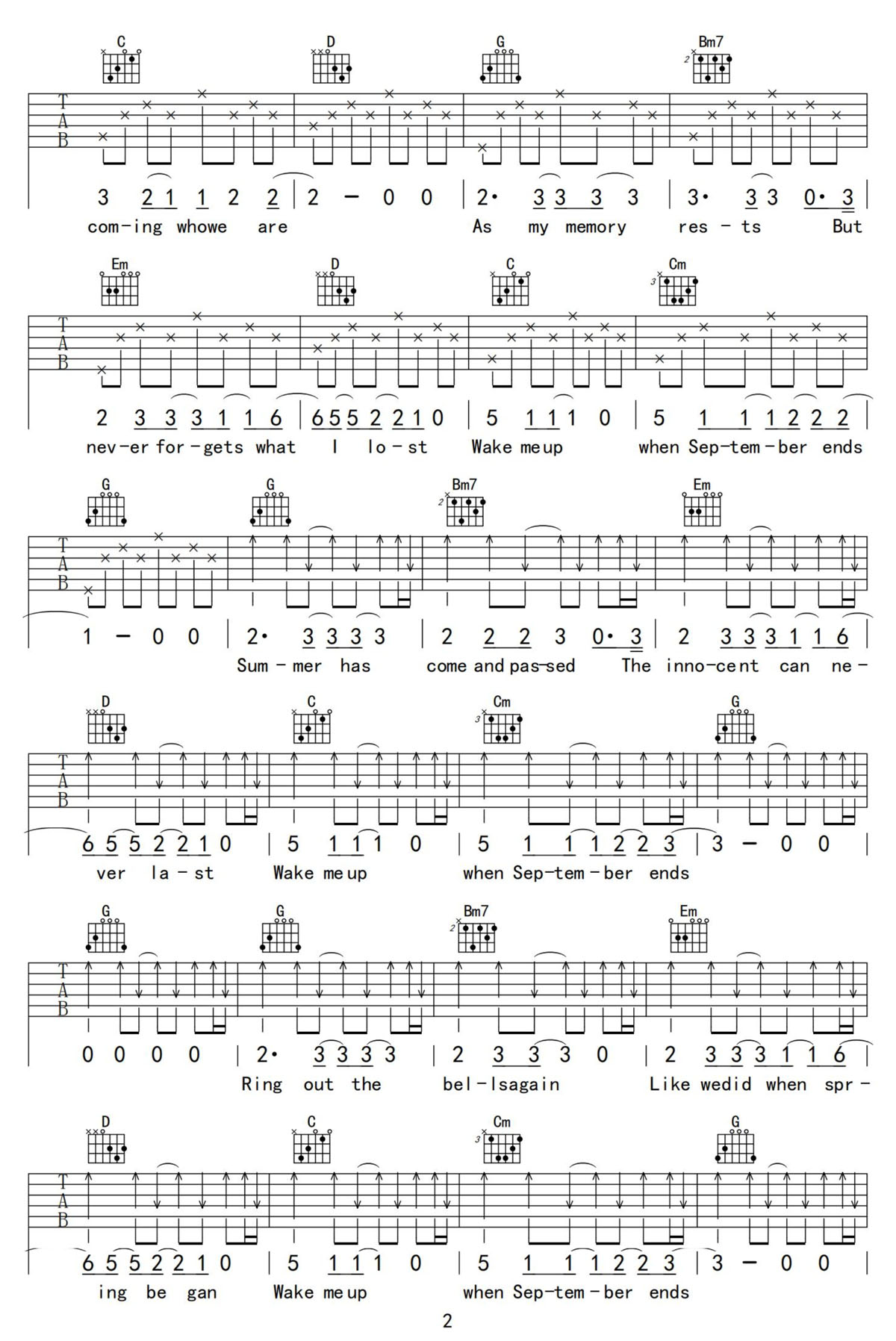 Wake Me Up When September Ends吉他譜_Green Day_G調和弦彈唱譜_簡單版_圖譜2