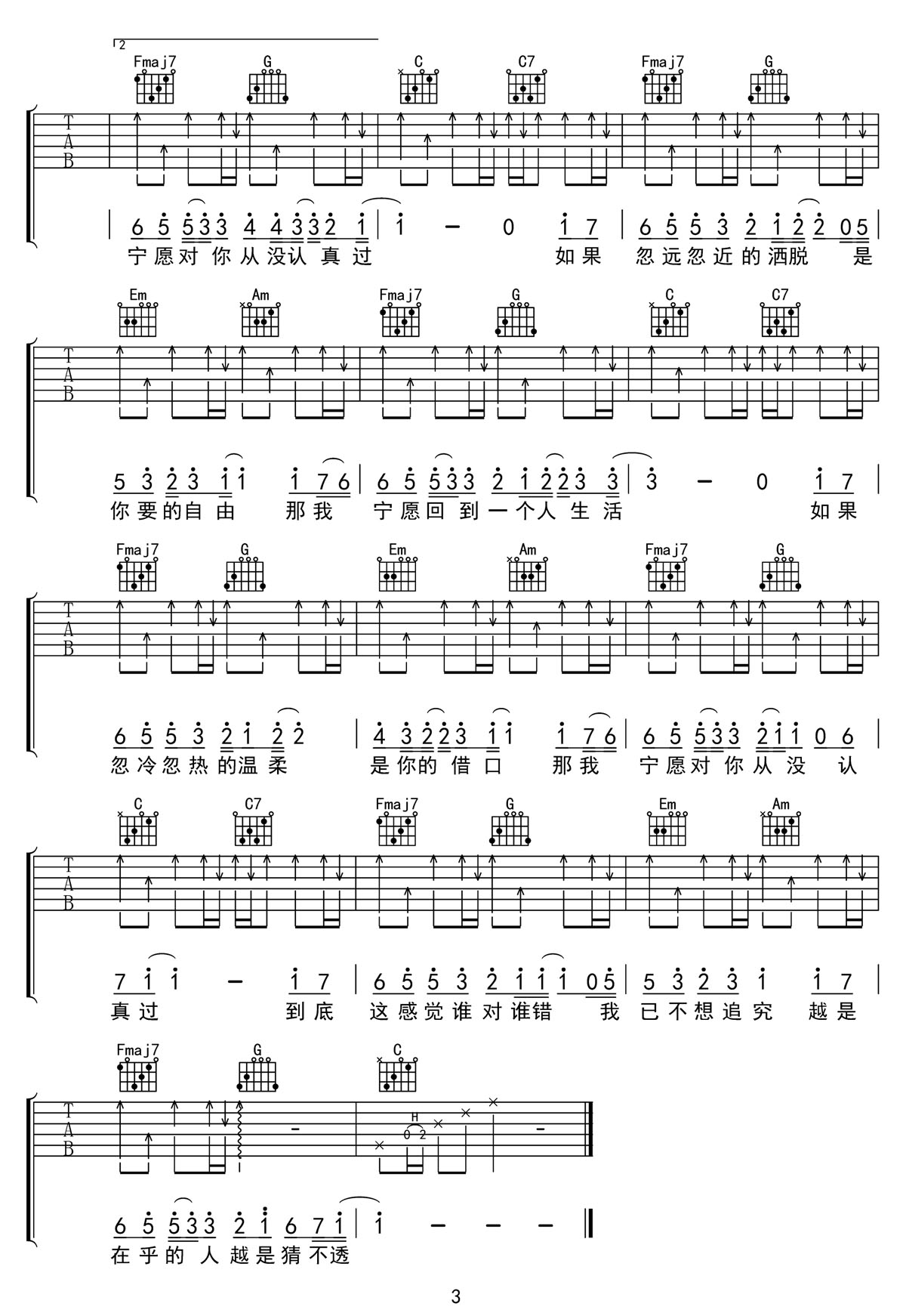 猜不透吉他譜_叮當_C調和弦彈唱譜_完美版帶前奏_圖譜3