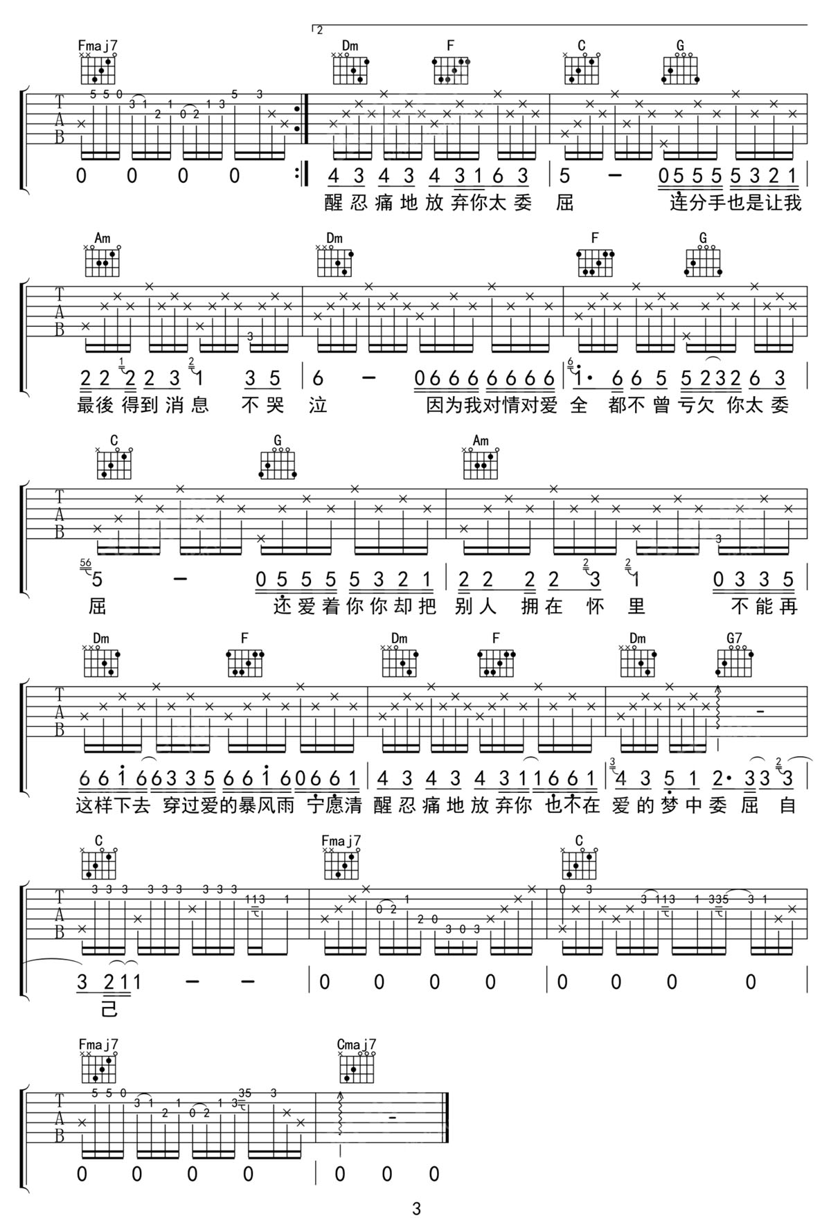 太委屈吉他譜_陶晶瑩_C調和弦彈唱譜_完美帶前奏_圖譜3