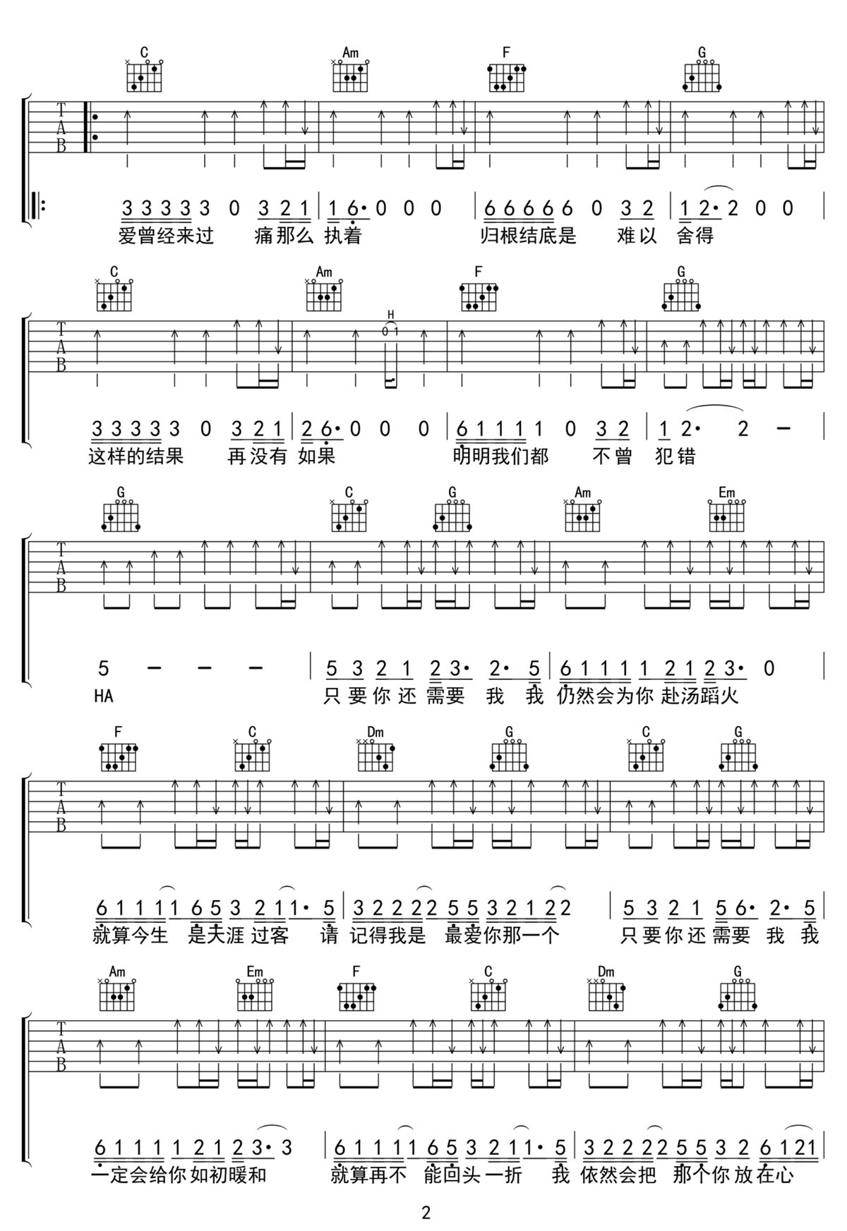 只要你還需要我吉他譜_王韻_C調(diào)和弦彈唱譜_高清完整版_圖譜2