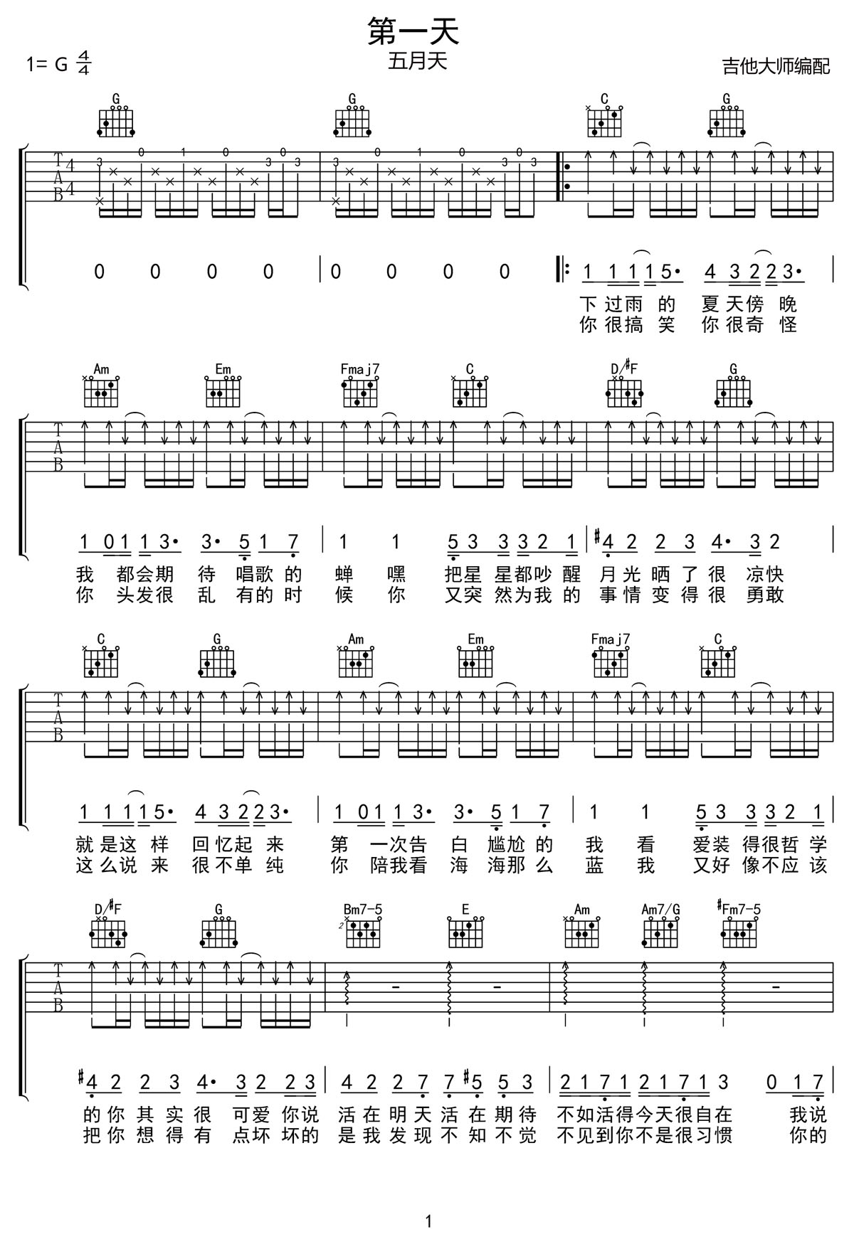 第一天吉他譜_五月天_G調(diào)和弦彈唱譜_帶前奏_圖譜1