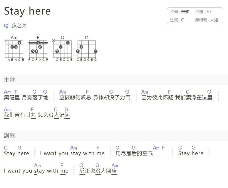 Stay Here吉他譜_薛之謙_C調(diào)和弦彈唱譜_簡單版_圖譜1