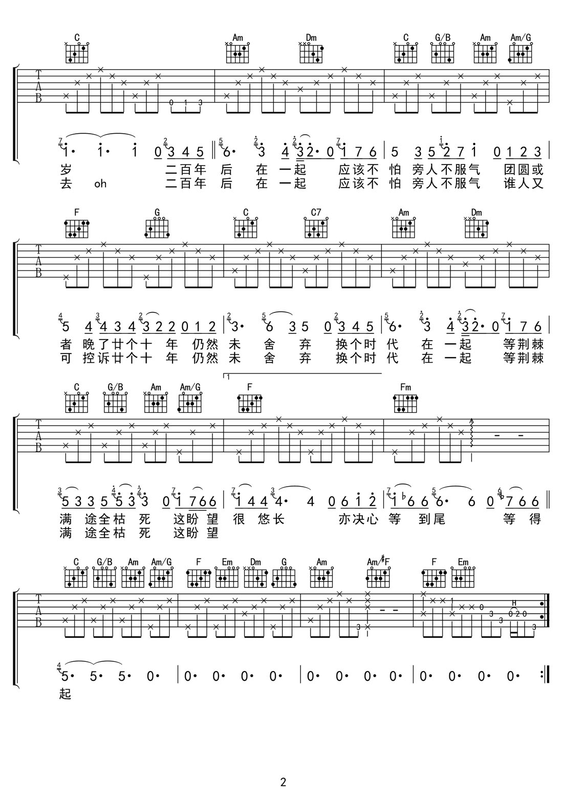 命硬吉他譜_側田_C調和弦彈唱譜_高清完整版_圖譜2