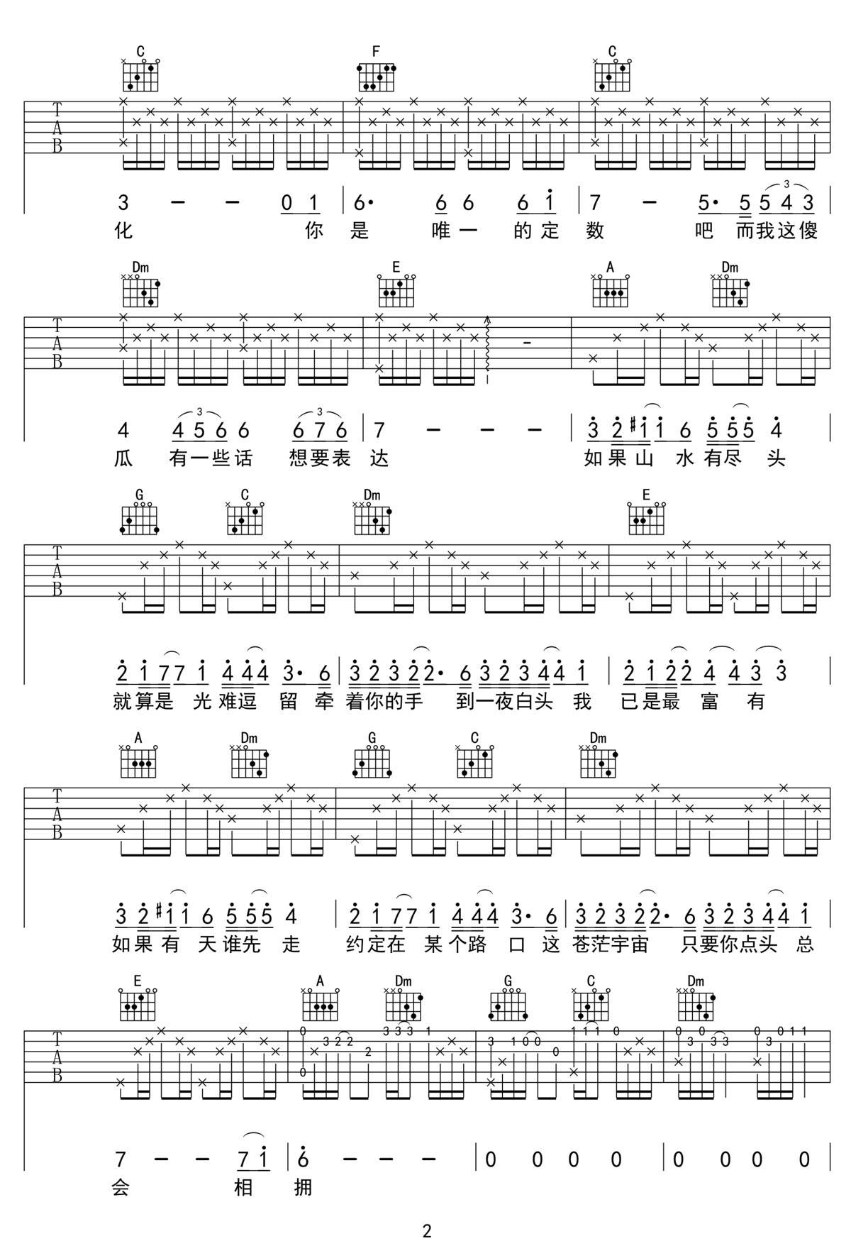 愛人啊吉他譜_張杰_C調(diào)和弦彈唱譜_高清完美版_圖譜2
