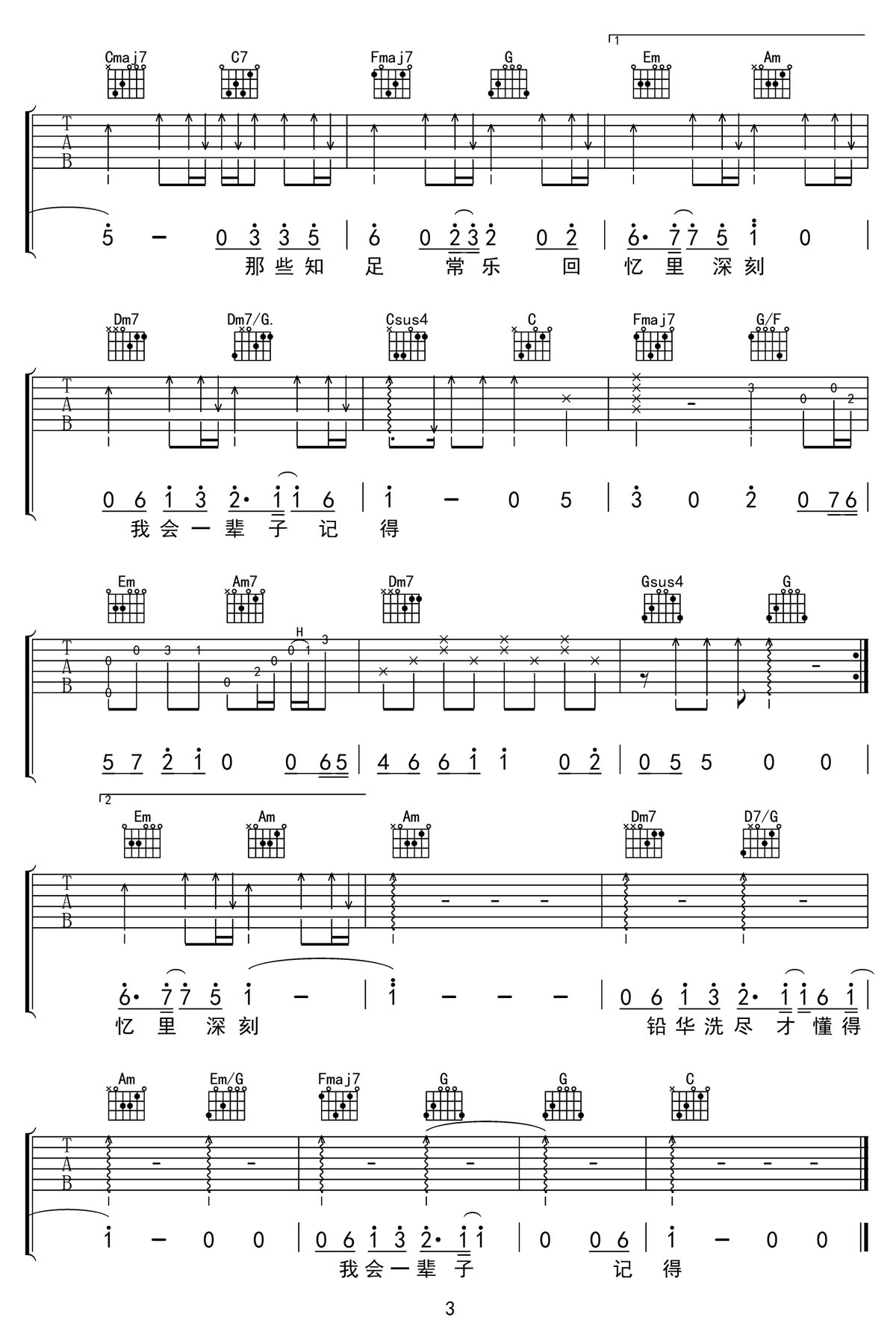 一點一滴吉他譜_閉文思_C調和弦彈唱譜_高清新編_圖譜3