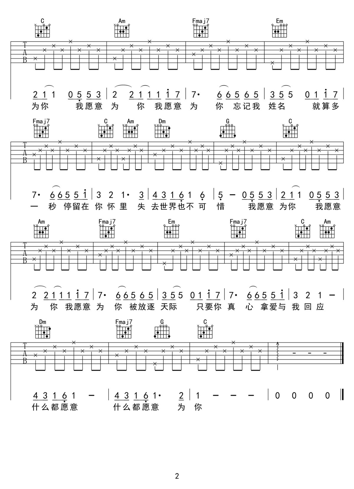 我愿意吉他譜_王菲_C調和弦彈唱譜_老歌新編_圖譜2