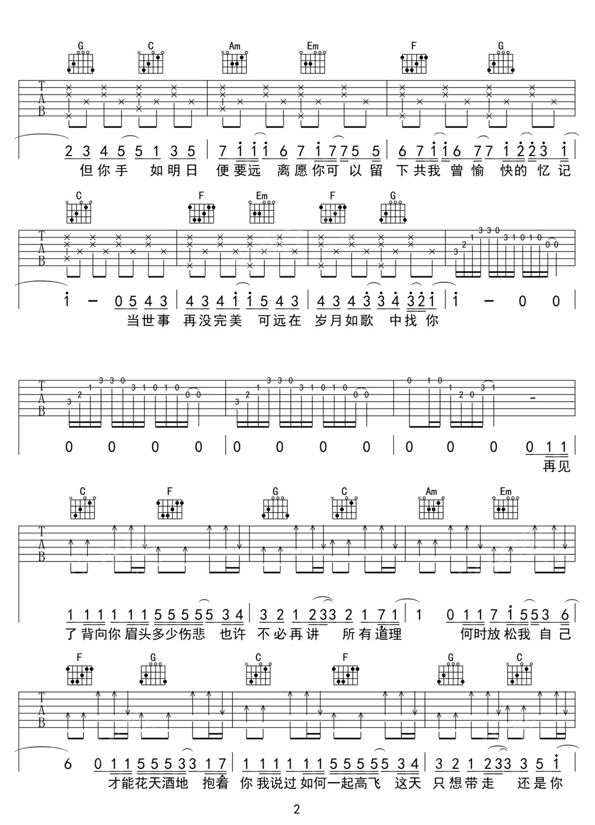 歲月如歌吉他譜_陳奕迅_C調和弦彈唱譜_高清帶前奏_圖譜2
