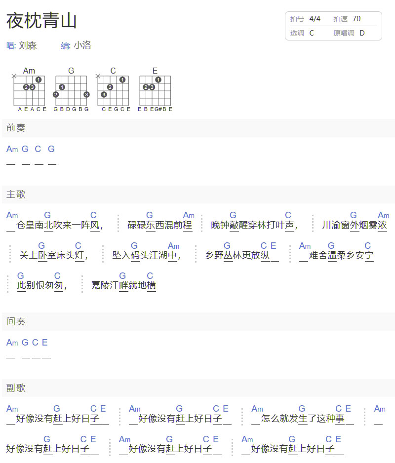 夜枕青山吉他譜_劉森_C調和弦彈唱譜_簡單版_圖譜1