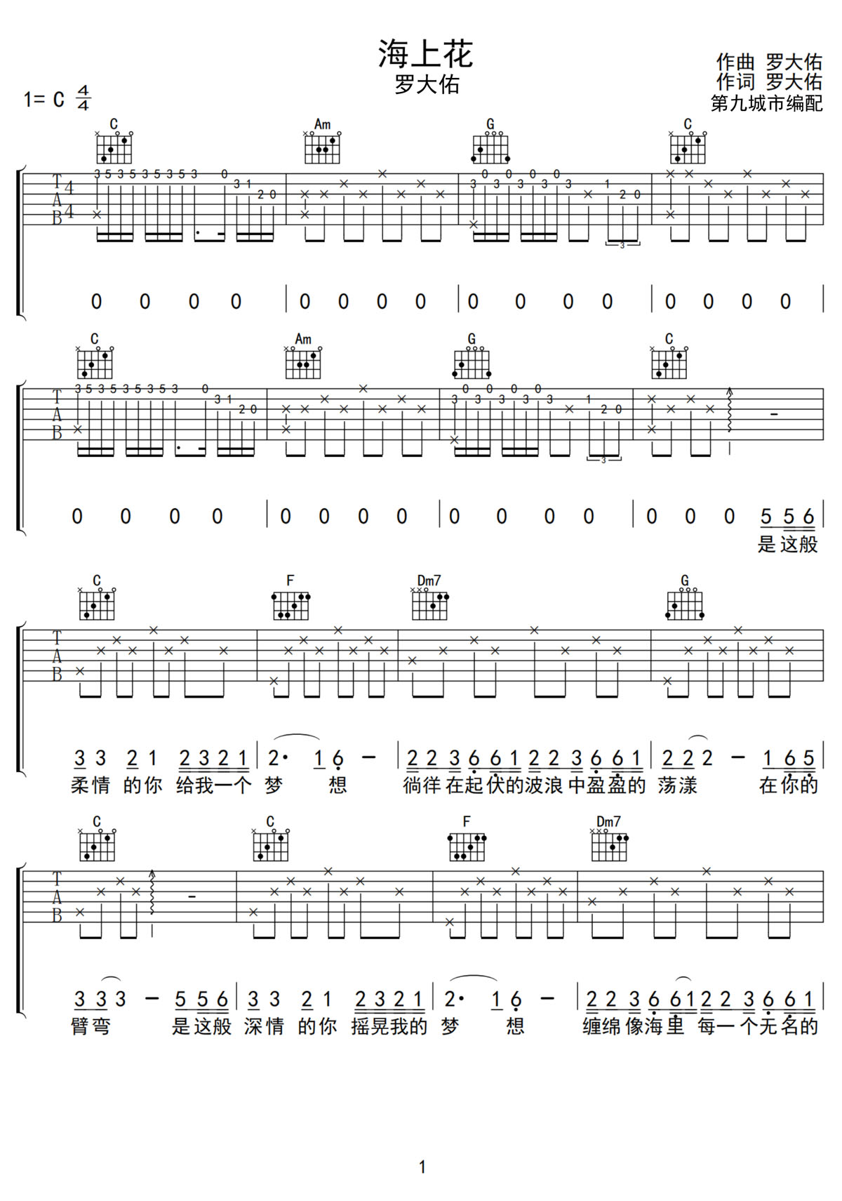 海上花吉他譜_羅大佑_C調和弦彈唱譜_老歌新編_圖譜1