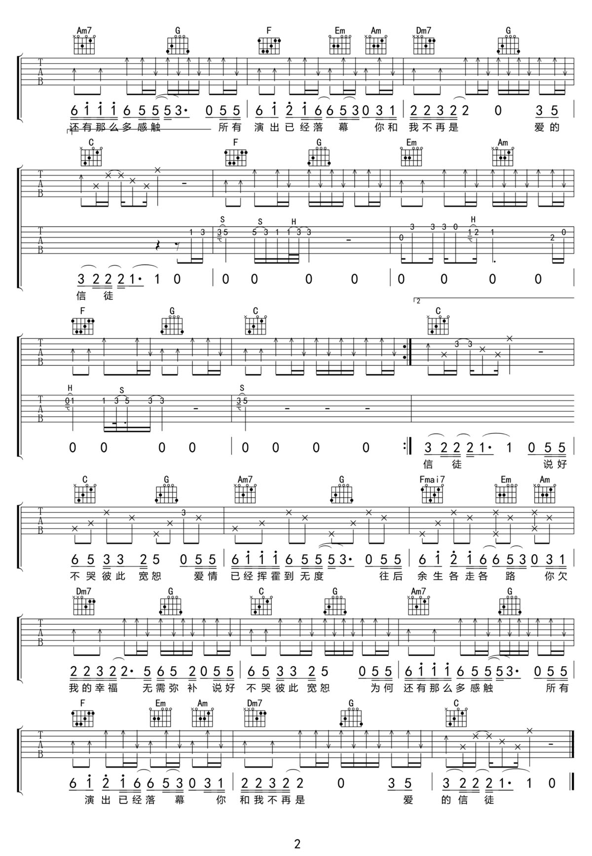 說好不哭彼此寬恕吉他譜_馬雨陽_C調和弦彈唱譜_雙吉他版_圖譜2