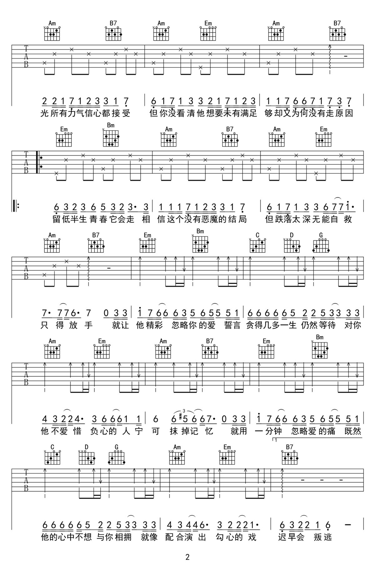 不再追究吉他譜_何仟仟_C調(diào)和弦彈唱譜_簡單版_圖譜2