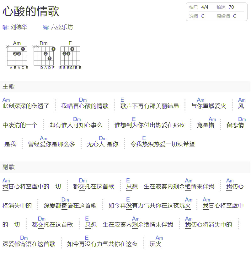 心酸的情歌吉他譜_劉德華_C調和弦彈唱譜_重制版_圖譜1