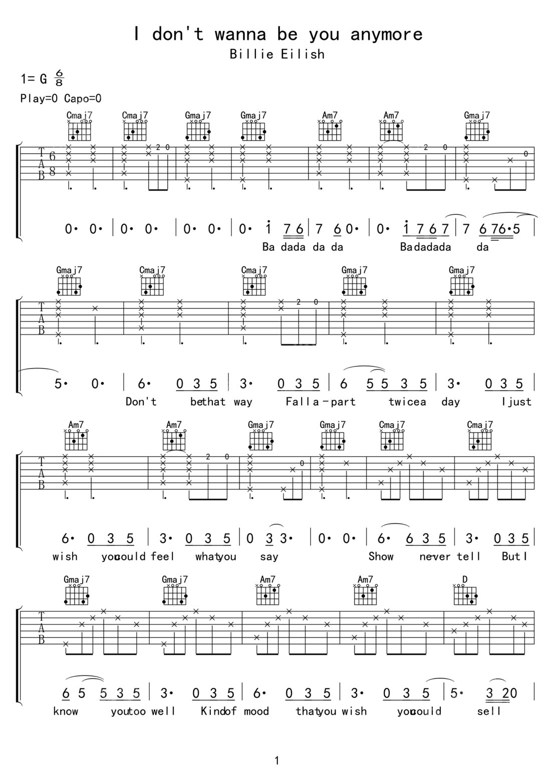 I dont wanna be you anymore吉他譜_Billie Eilish_C調和弦彈唱譜_高清重制版_圖譜1