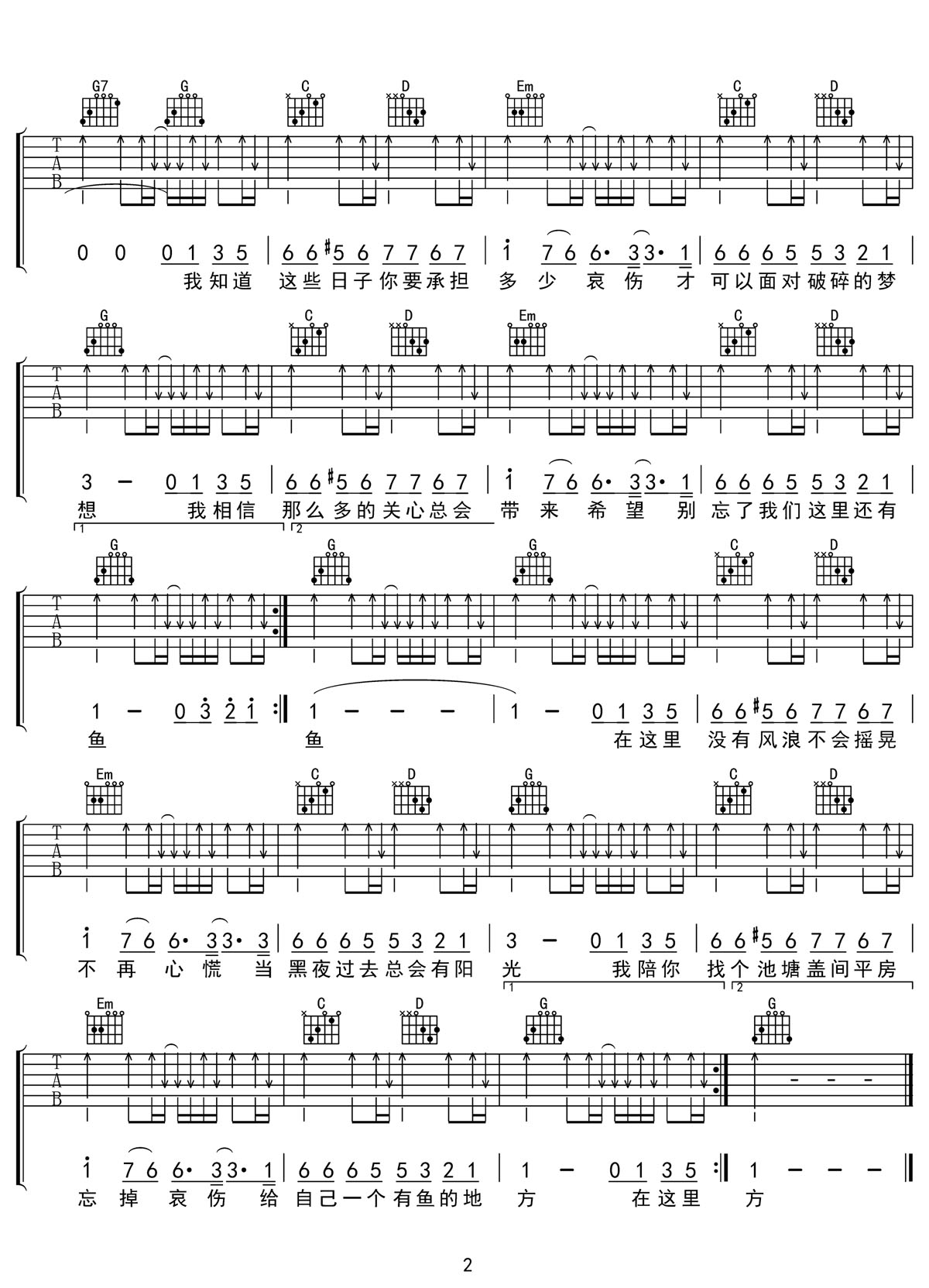 我們這里還有魚吉他譜_謝霆鋒_G調(diào)和弦彈唱譜_高清掃弦版_圖譜2