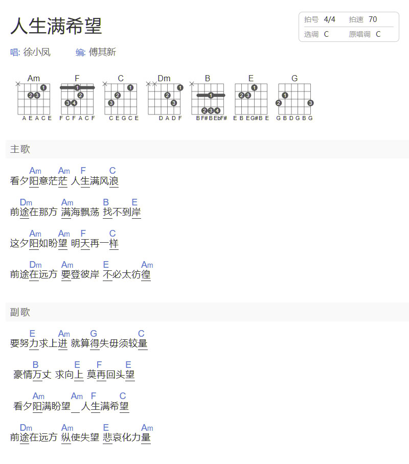 人生滿希望吉他譜_徐小鳳_C調和弦彈唱譜_簡單和弦版_圖譜1
