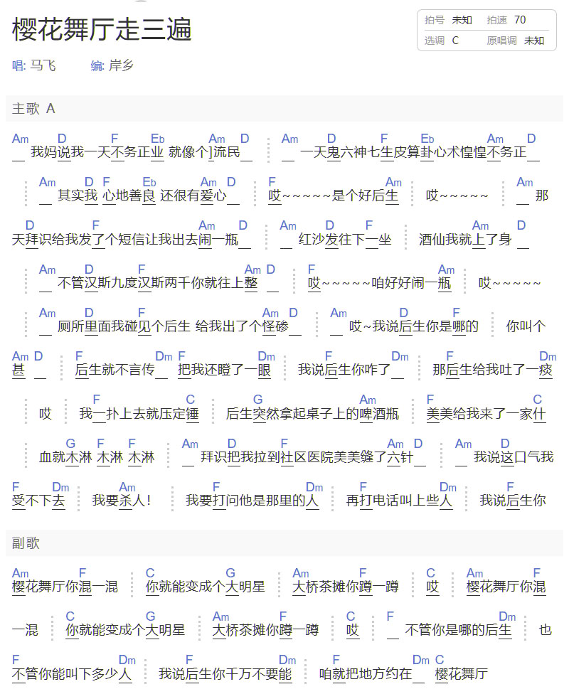 櫻花舞廳走三遍吉他譜_馬飛與樂(lè)隊(duì)_C調(diào)和弦彈唱譜_簡(jiǎn)單版_圖譜1