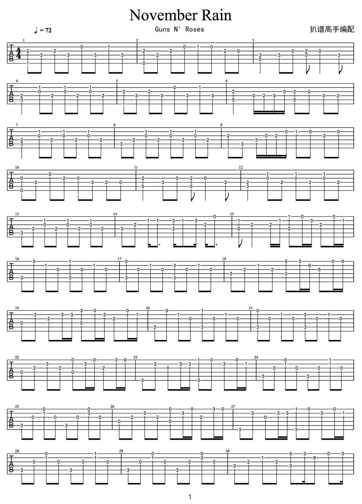 November Rain吉他譜_gunsn Roses_C調指彈/獨奏譜_完美版_圖譜1