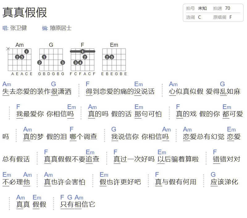 真真假假吉他譜_張衛健_C調和弦彈唱譜_簡單和弦版_圖譜1