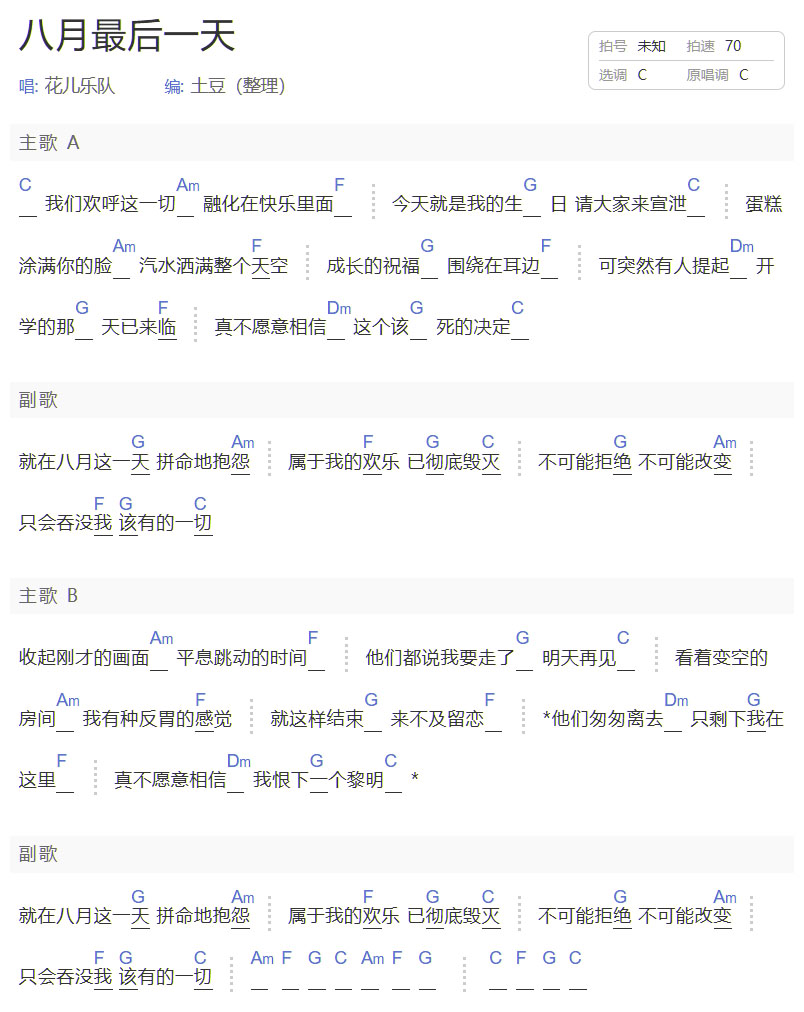 八月最后一天吉他譜_花兒樂(lè)隊(duì)_C調(diào)和弦彈唱譜_簡(jiǎn)單版_圖譜1