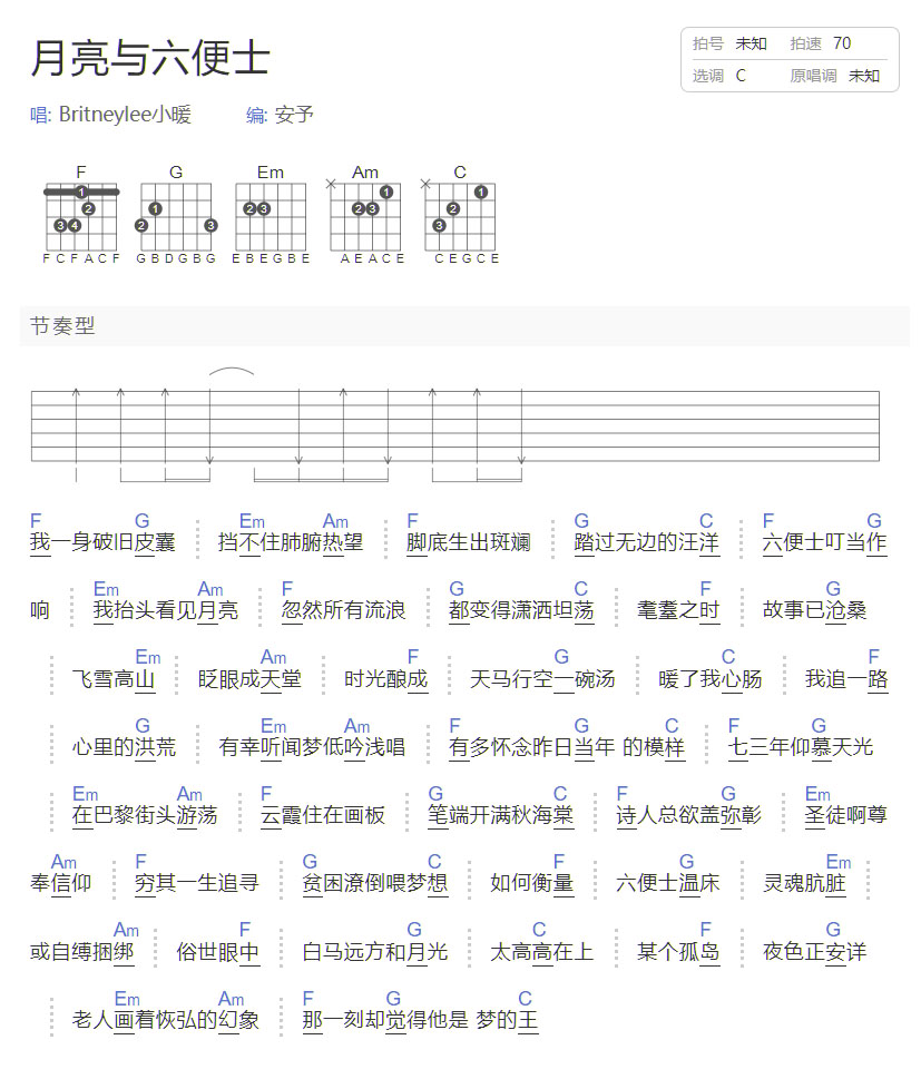 月亮與六便士吉他譜_小暖_C調和弦彈唱譜_簡單和弦版_圖譜1