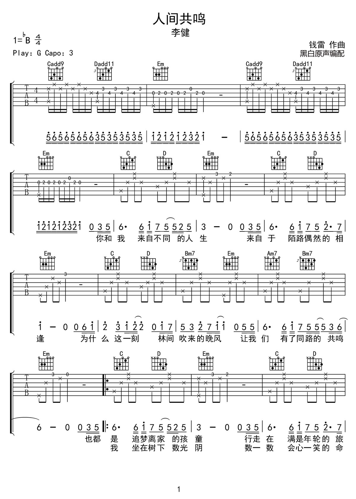 人間共鳴吉他譜_李建_G調和弦彈唱譜_高清帶前奏_圖譜1
