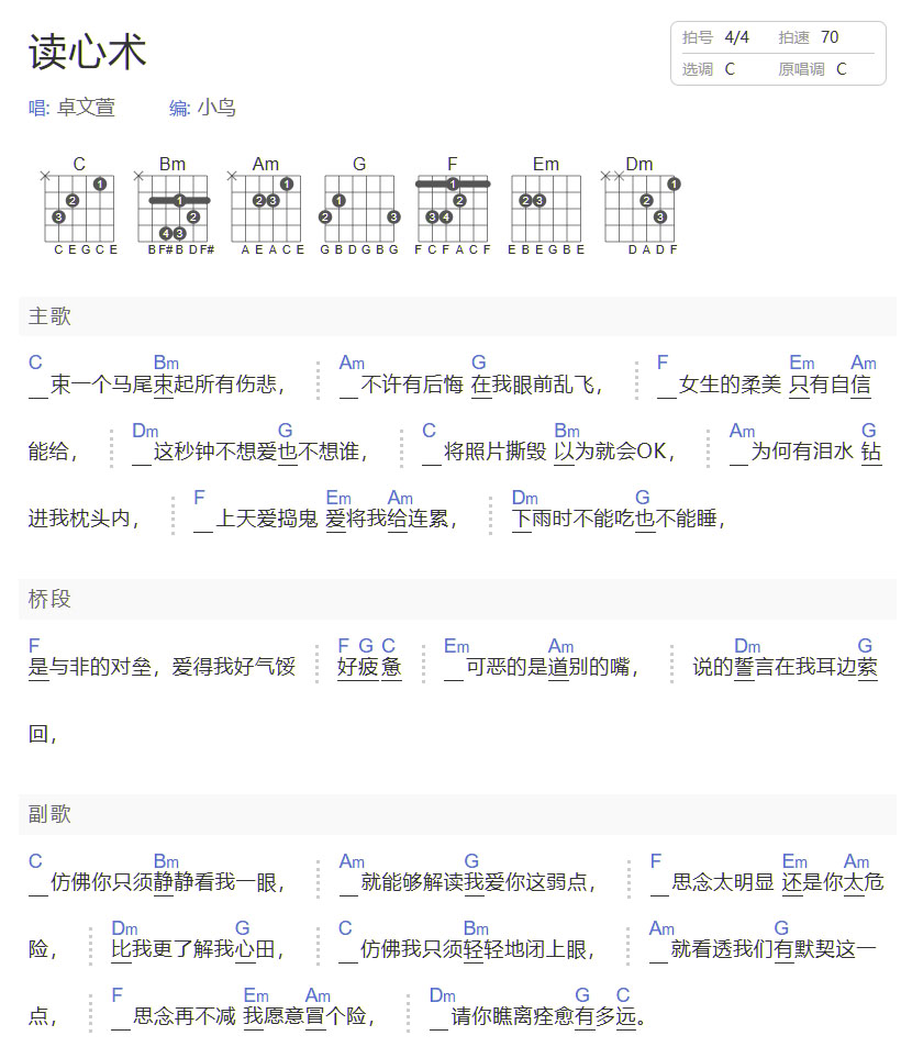 讀心術吉他譜_卓文萱_C調和弦彈唱譜_簡單版_圖譜1