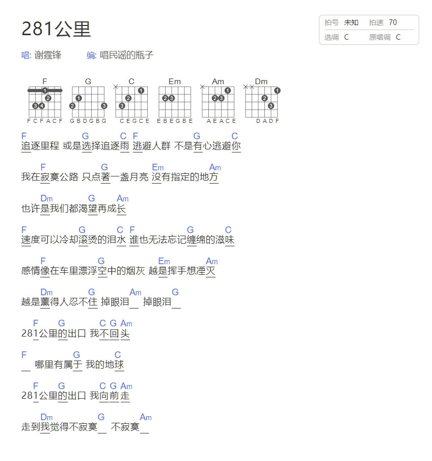 281公里吉他譜_謝霆鋒_C調(diào)和弦彈唱譜_簡(jiǎn)易版_圖譜1