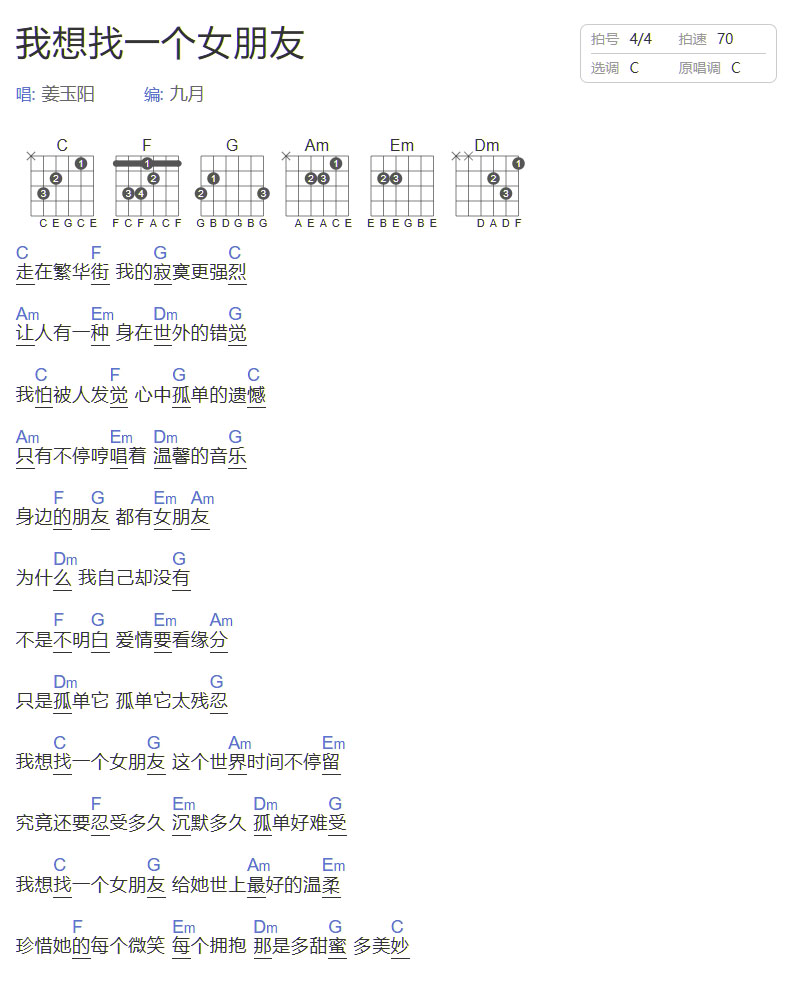 我想找個女朋友吉他譜_姜玉陽_C調和弦彈唱譜_簡單版_圖譜1