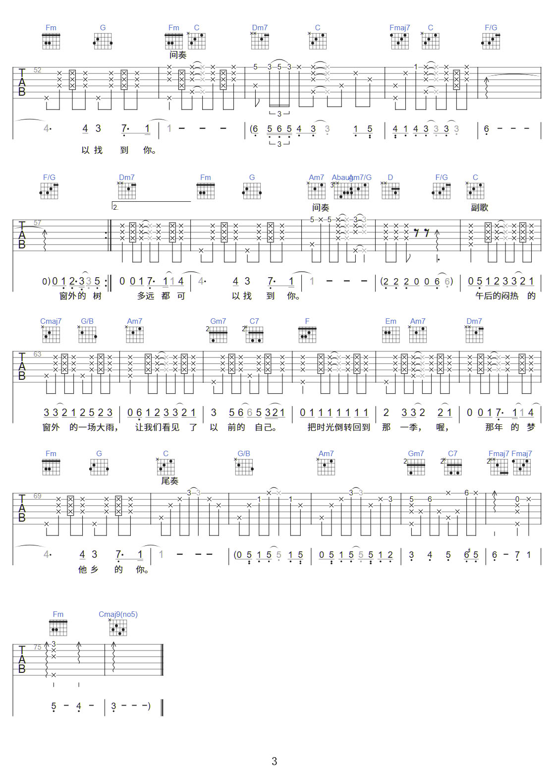 復刻回憶吉他譜_方大同_C調和弦彈唱譜_完美帶前奏_圖譜3