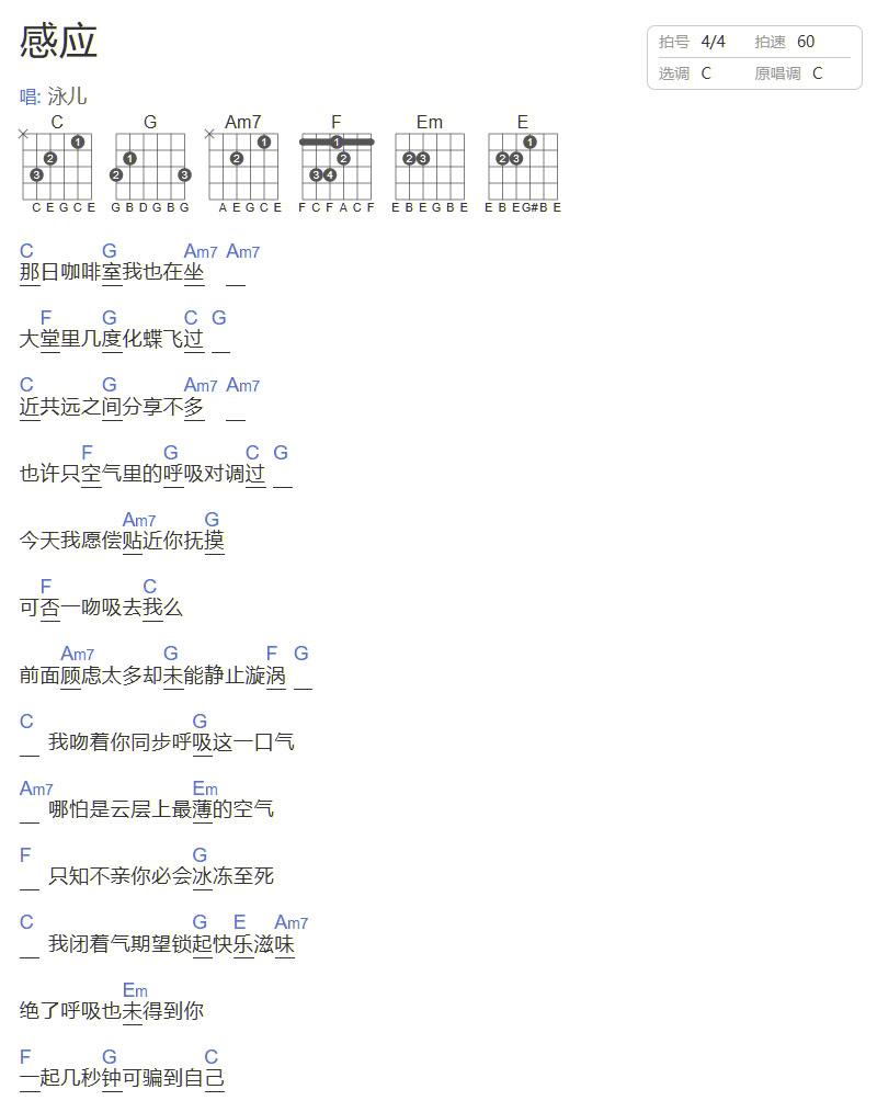 感應吉他譜_泳兒_C調(diào)和弦彈唱譜_圖譜1