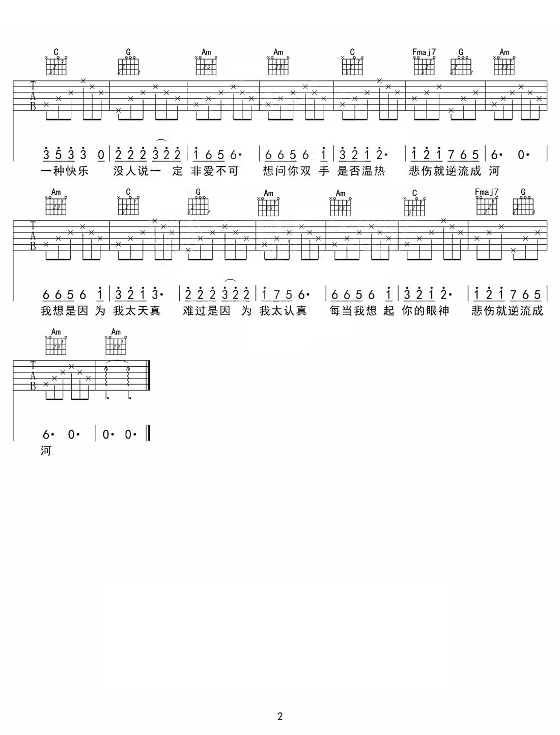 逆流成河吉他譜_金南玲_C調(diào)和弦彈唱譜_高清重制版_圖譜2
