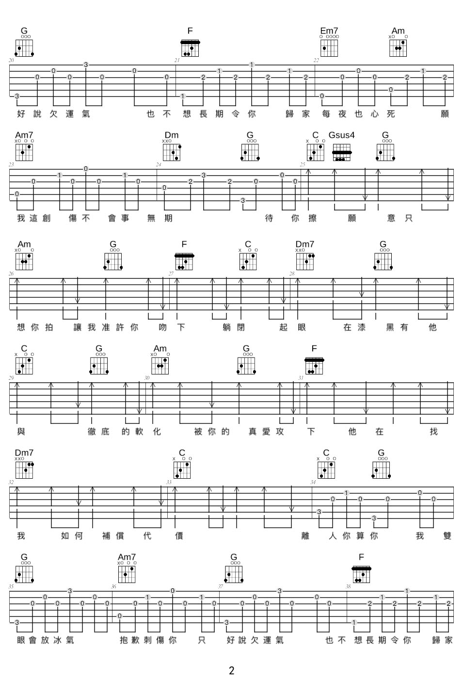 待你差只想你怕吉他譜_羽翹_C調和弦彈唱譜_高清首發_圖譜2