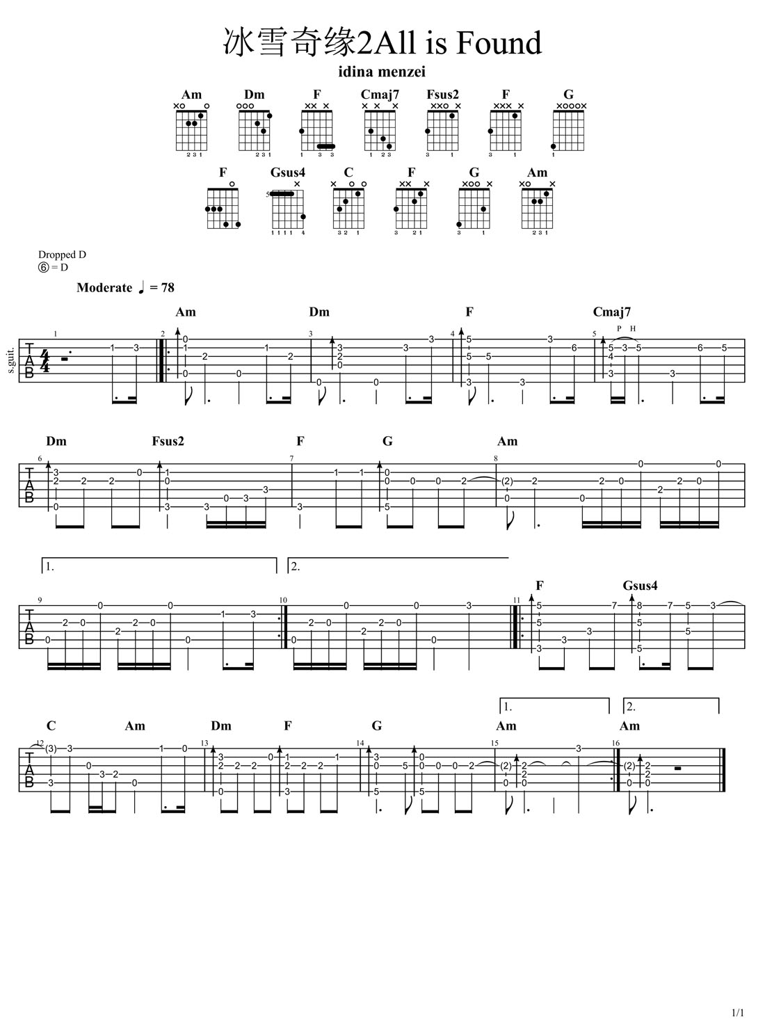 All Is Found吉他譜_Idina Menzei_C調指彈/獨奏譜_冰雪奇緣2_圖譜1