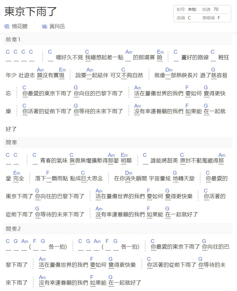 東京下雨了吉他譜_棉花糖樂團_C調和弦彈唱譜_圖譜1
